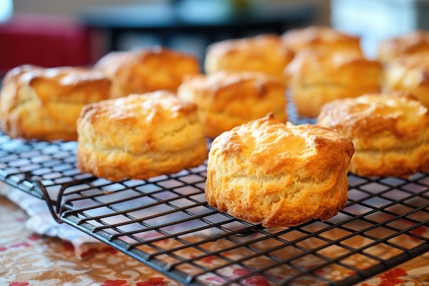 Freshly baked biscuits cooling on a wire rack created with generative ai