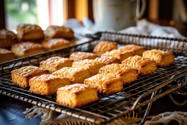 Freshly baked biscuits cooling on a wire rack created with generative ai