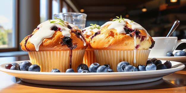 Freshly baked blueberry muffin watercolor style