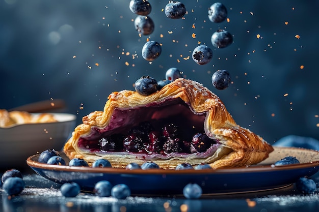 Freshly Baked Blueberry Pie with Flying Berries on a Dark Moody Background Delicious Homemade