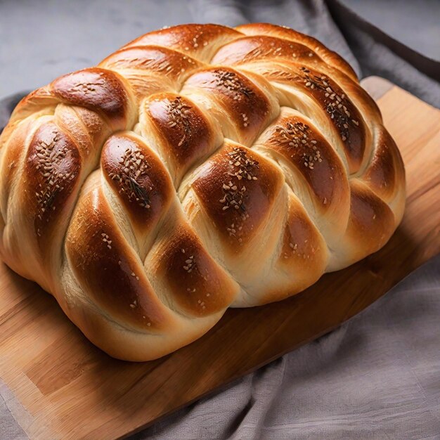 Freshly baked braided bread loaf on a dark tablecloth