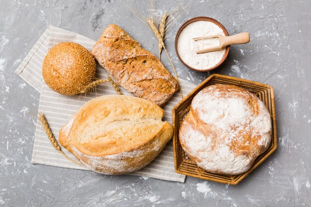 Freshly baked bread on basket against natural background top view bread copy space