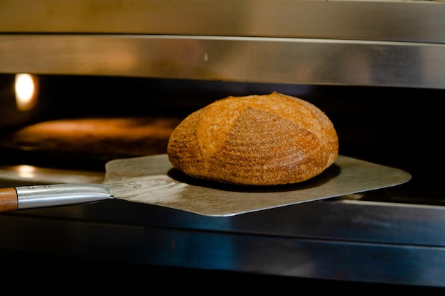 Foto pane appena sfornato tirato fuori dal forno su una pala