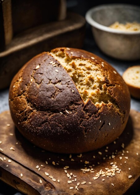 Photo freshly baked bread on a dark wooden background top view ai generative