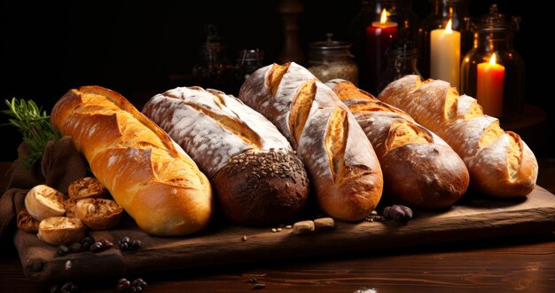 Freshly baked bread displayed on a rustic wooden cutting board A wooden cutting board topped with loaves of bread