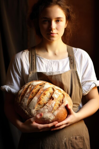 Freshly baked bread in the hands of a baker woman