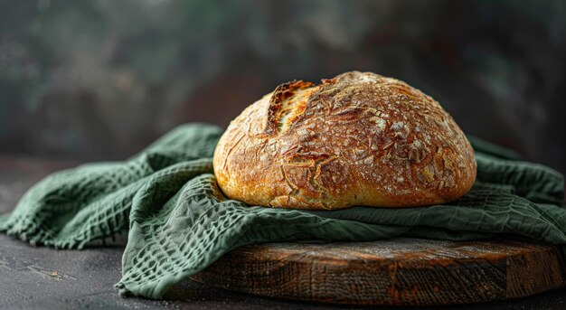 Foto un pane appena cotto con una crosta dorata esposto su un rustico in legno