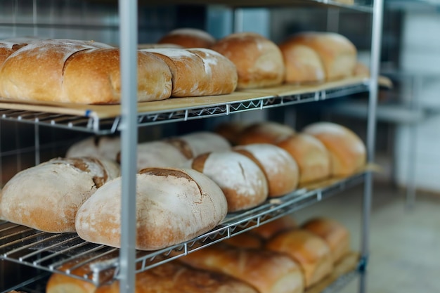 Freshly baked bread on metal racks bakery