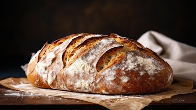 Фото Свежевыпеченный хлеб на темном фоне крупный план хрустящая аппетитна кора генеративная ai