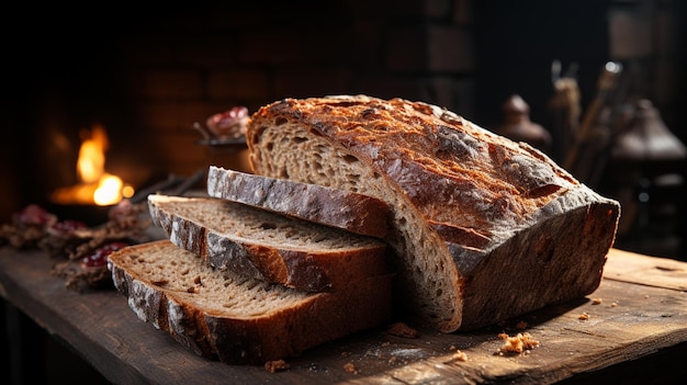 Фото Свежеиспеченный хлеб на деревенском деревянном столеgenerative ai