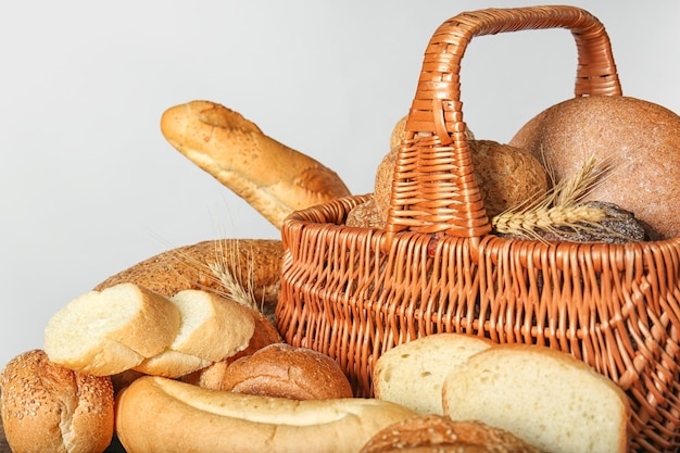 freshly baked bread products on light background