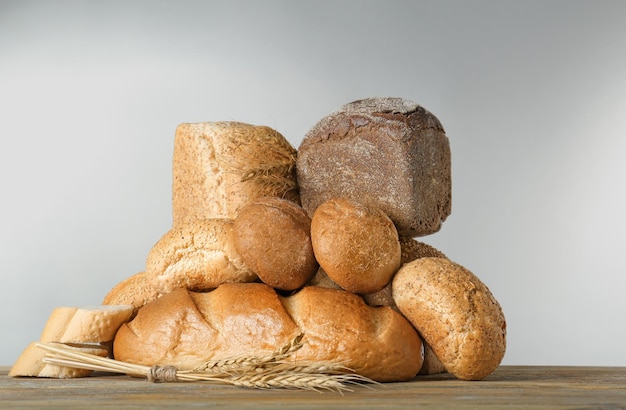 Freshly baked bread products on table