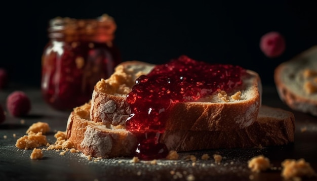 Freshly baked bread and raspberry preserves spread generated by AI