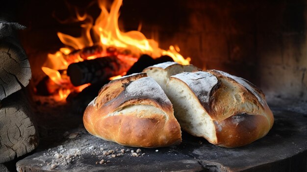 Freshly baked bread in rustic bakery with traditional oven Food backgroundGenerative AI