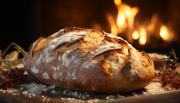 Freshly baked bread on a rustic table ready to eat generated by AI