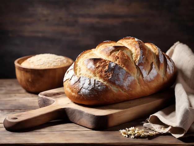 Freshly baked bread on rustic wooden table Ai generated