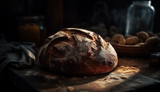 Freshly baked bread on rustic wooden table generated by AI