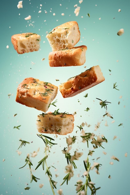 Freshly Baked Bread Slices with Tossed Herbs Floating MidAir A Generative AI Masterpiece