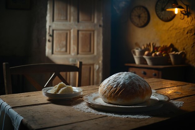 Photo freshly baked bread on a table in a village house generative ai