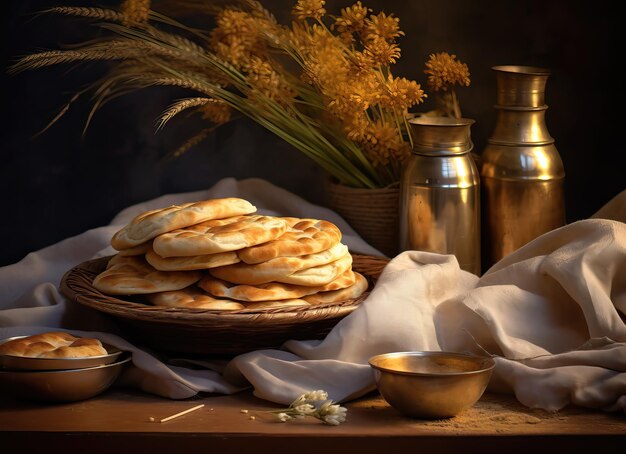 Freshly baked bread with ears of wheat on a wooden table