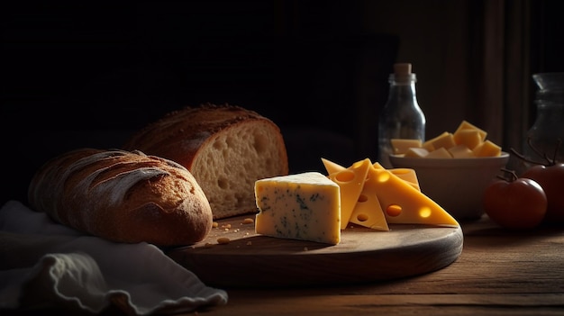 Freshly baked bread with piece of cheese on kitchen table Homemade bakery food Generative AI