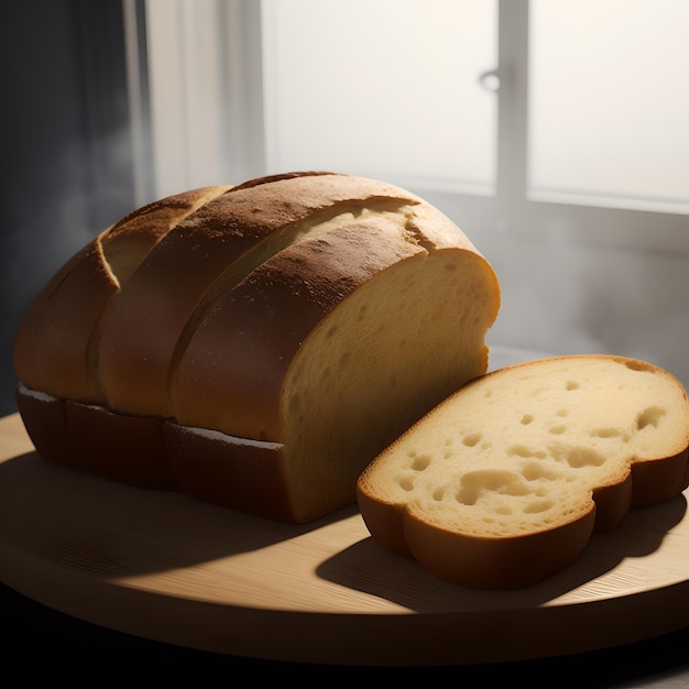 Freshly baked bread with a slice cut on a cutting board