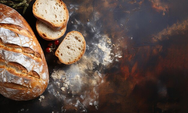 Freshly baked bread with wheat ears on a brown background 1