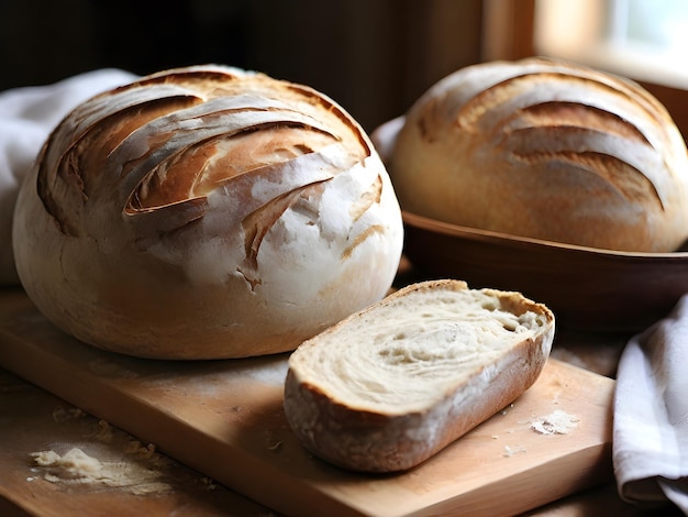 Freshly baked bread on wooden board closeup Bakery products