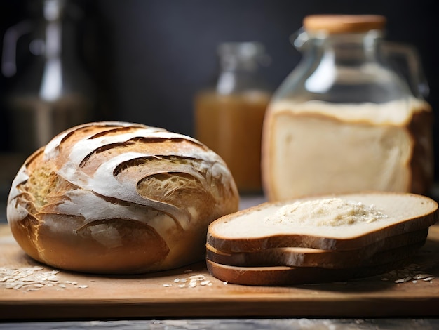 Freshly baked bread on wooden board closeup Bakery products