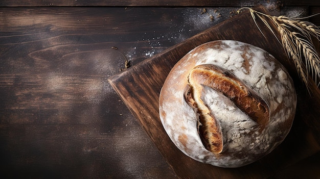 Freshly baked bread on a wooden table with flour