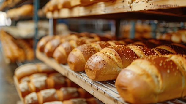 Photo freshly baked buns being removed from an industrial oven