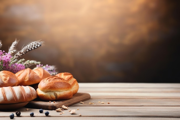 Freshly baked buns on wooden table background with copy space for text