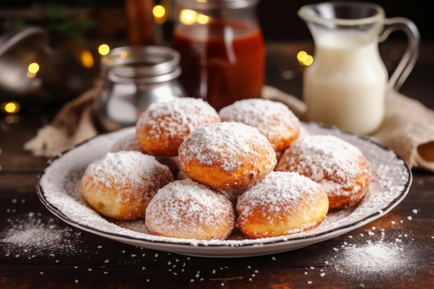 Foto donut al formaggio appena cotti a forma di palla con zucchero in polvere su un piatto