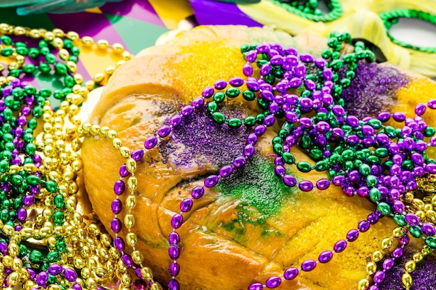 Freshly baked cheese King Cake for celebrating Mardi Gras.