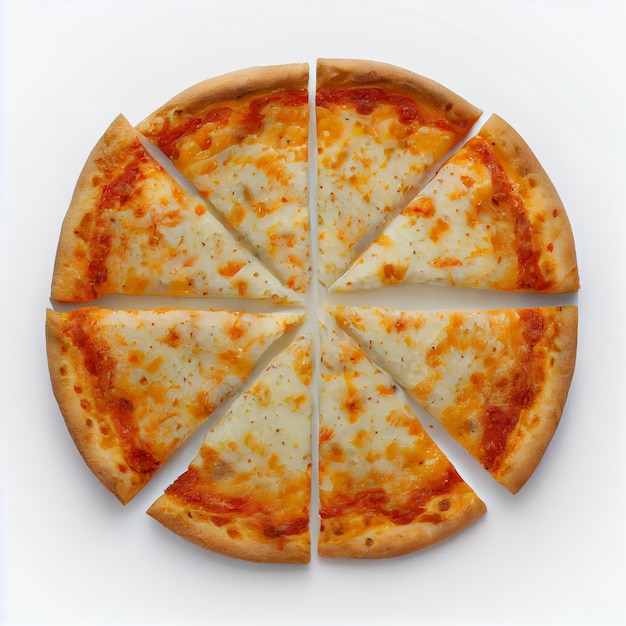 Freshly baked cheese pizza with slices cut out on white background