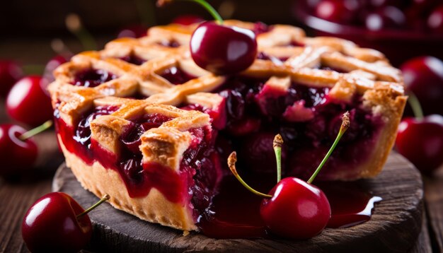 Freshly baked cherry pie on rustic wooden background perfect summer dessert for picnics