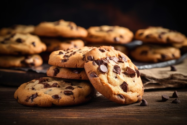 Freshly baked chocolate chip cookies on a dark wooden table with space for text