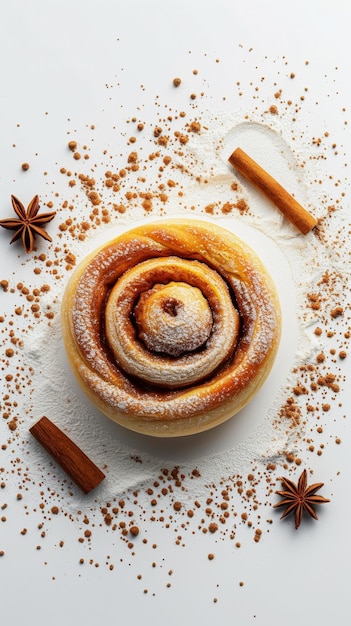 Freshly baked cinnamon bun roll with sugar flour Aesthetic food advertising concept Generative A