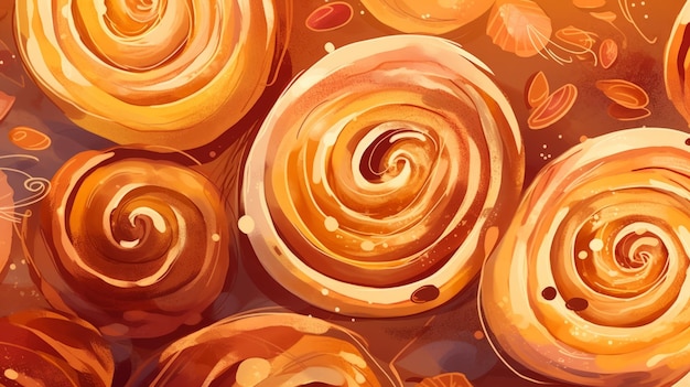 Freshly baked cinnamon roll horizontal background illustration