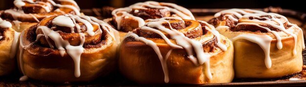 Freshly baked cinnamon rolls drizzled with icing Horizontal banner AI generated