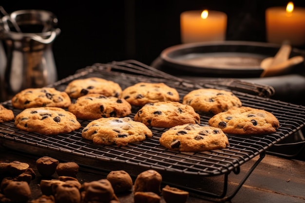 Freshly baked cookies cooling on a wire rack