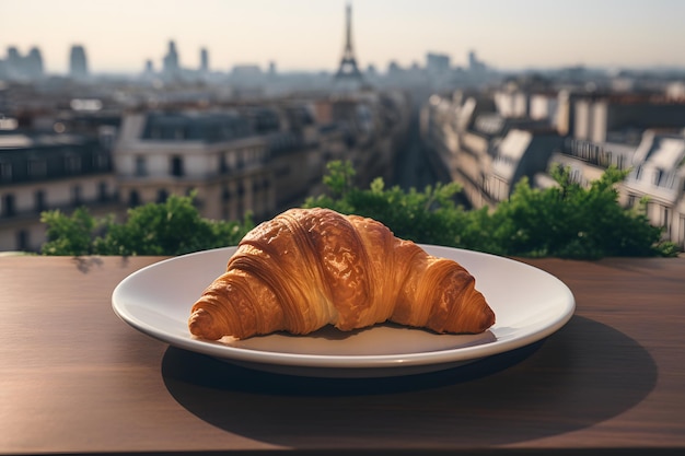 A freshly baked croissant on a table in a Parisian cafe