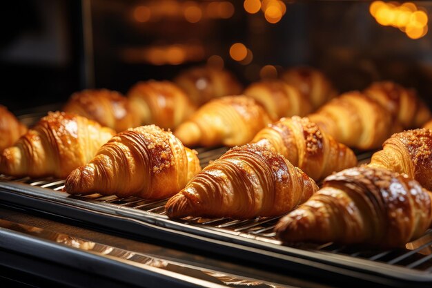 Photo freshly baked croissants in the baking oven