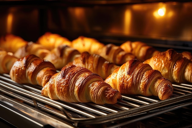 Freshly baked croissants in the baking oven