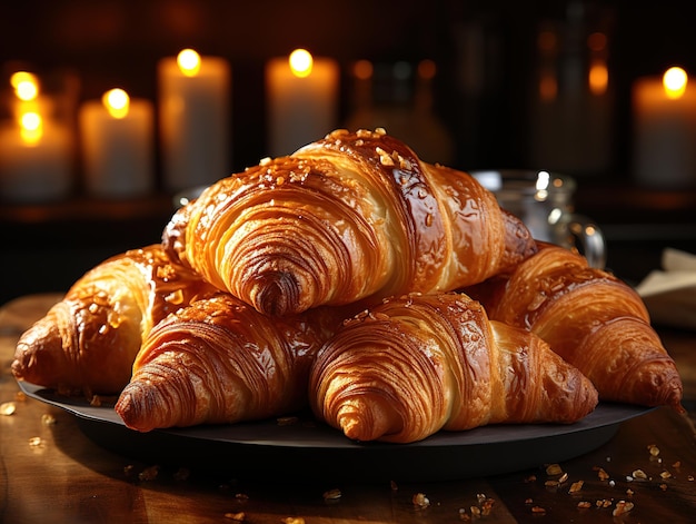 흐릿한 배경에 새로 구운 크루아산 (Freshly baked croissants on a blurred background)