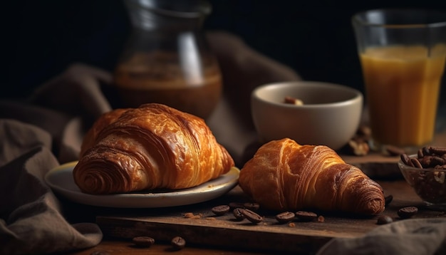 Freshly baked croissants and coffee on table generated by AI