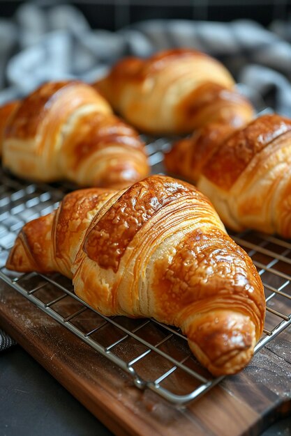 Freshly baked croissants on cooling rack