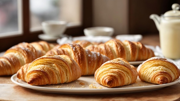 Photo freshly baked croissants on a plate closeup breakfast on a wooden table