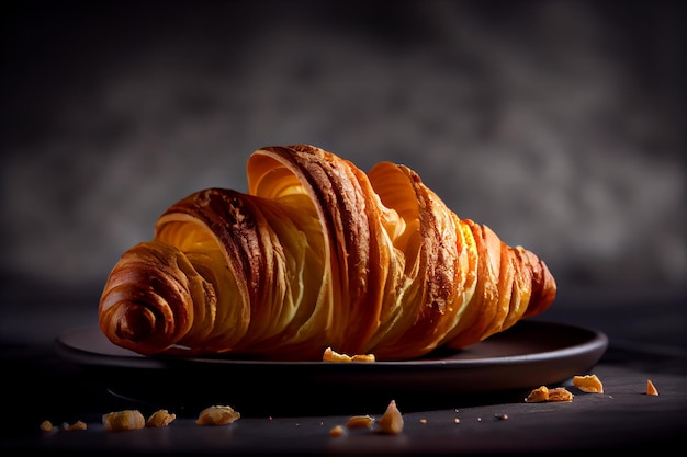 Freshly baked croissants on a plate on a dark background Generative AI