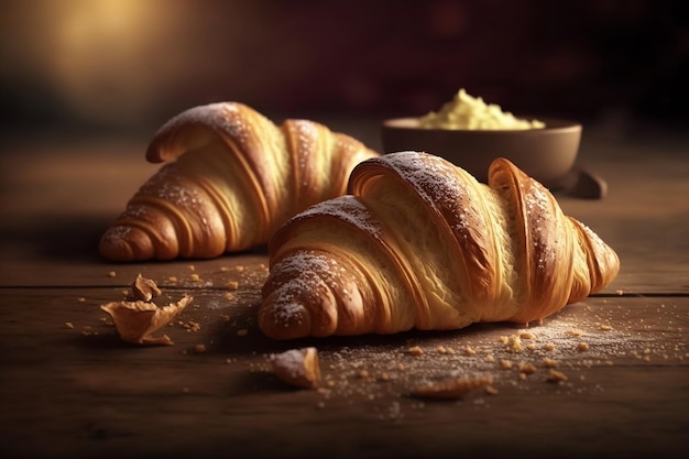 Freshly Baked Croissants Set on Wooden Table Authentic French Pastry Generative AI